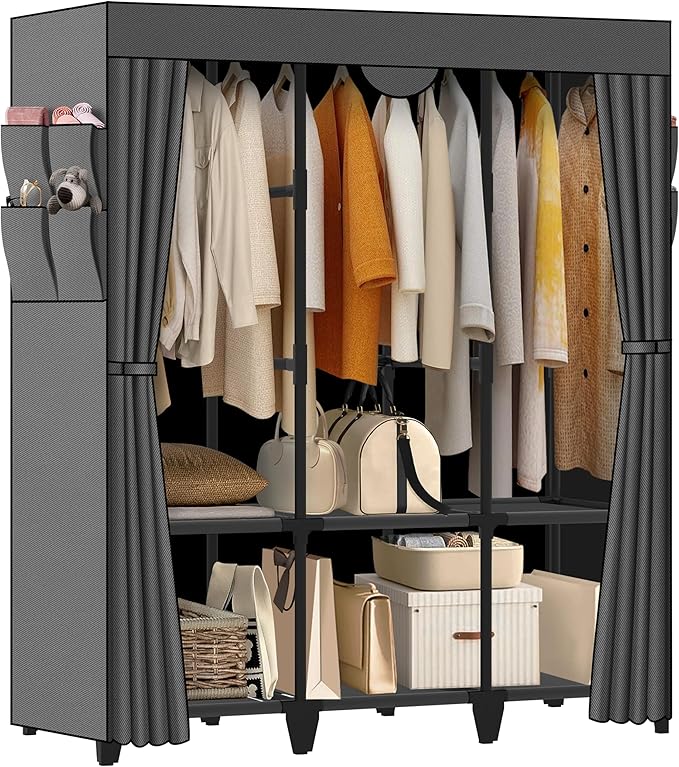 Wardrobe Closet, Quick and Easy Assembly, Gray Large Capacity Portable Closet with 3 Hanging Rods 6 Storage Shelves and 8 Side Pockets, Clothes Rack with Cover, for Bedroom and Living Room