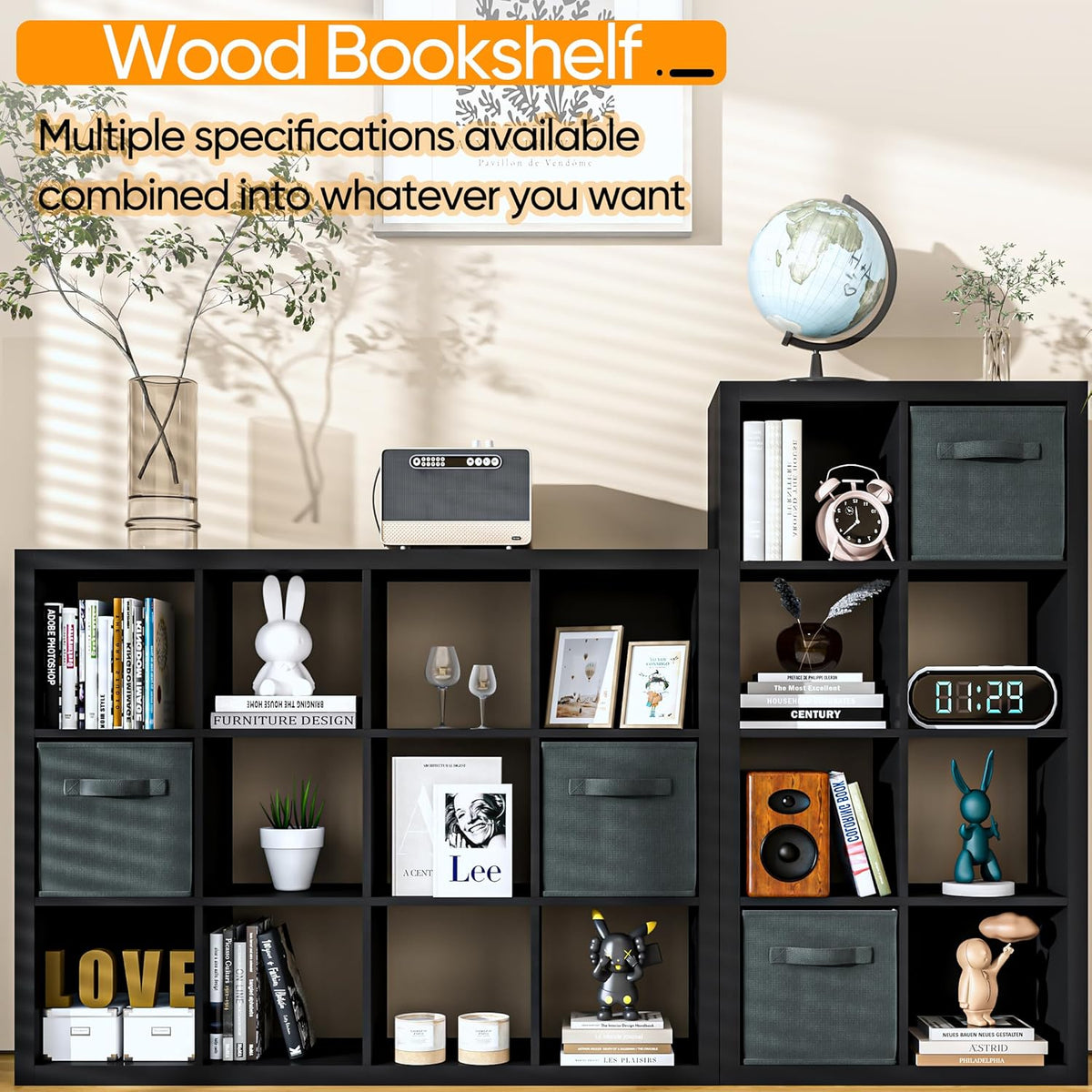 Bookshelf with Storage Bin, 4-Cube Storage Organizer, Modern Wood Open Bookcase, Multifunctional Display Shelf for Living Room, Bedroom, Home Office, Black
