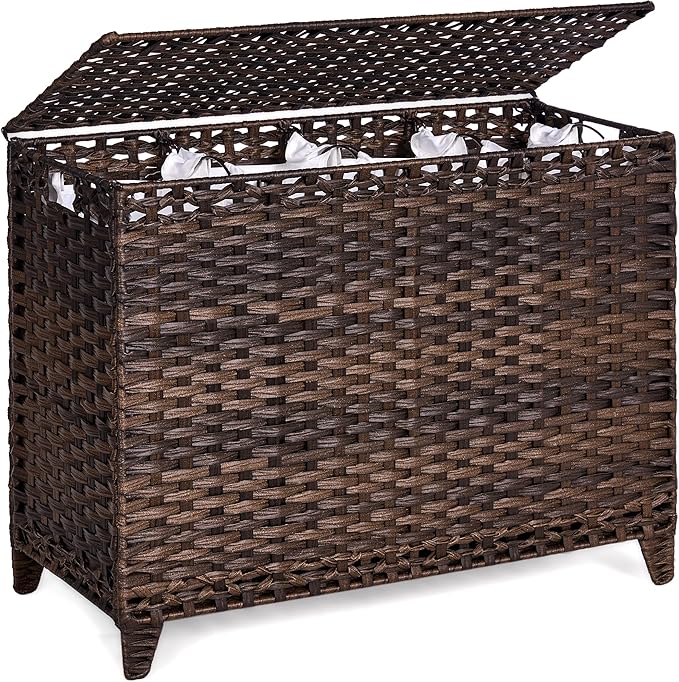 Laundry Hamper with 4 Removable Liner Bags; 176L Handwoven Rattan Laundry Basket with Lid & Heightened Feet; Clothes Hamper with Side Handles (Brown)