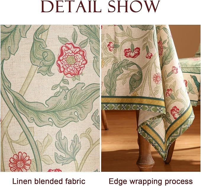 patdrea Designer Green Small Tablecloth for Rectangle Table,Vintage Linen Leaves Pattern Breathable Table Cloth,Floral Decor Cover for Kitchen Dining Christmas,Thanksgiving,55"x71"-Cecilia a
