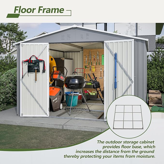 10×10 FT Outdoor Storage Shed,Metal Aluminum Waterproof Tool Sheds with Foundation,Doors & Vents,Heavy-Duty Sheds Unit W/Lock & Key,for Storing Bicycles,Lawnmowers,Barbeques,Gray
