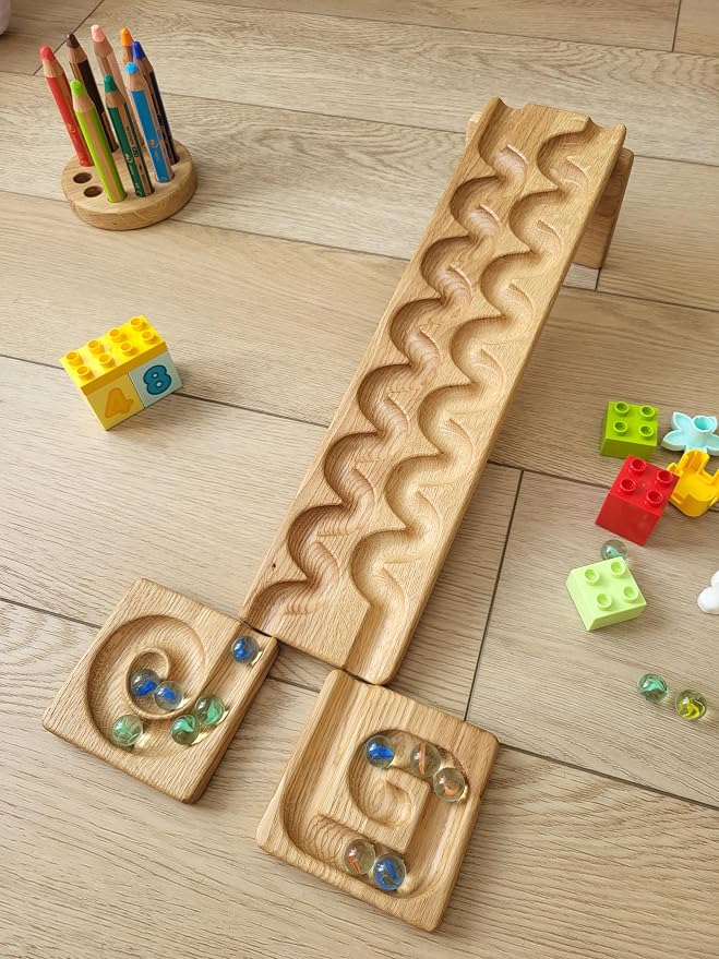 Wooden Marble Run Track Set of 2 Wind+Whirlpol Race Machine Set Wooden Maze Board Ball Run Montessori STEM Toy Gift for Kids Marble Wave Course Winding Roller Track Game (Wind+Whirlpol)
