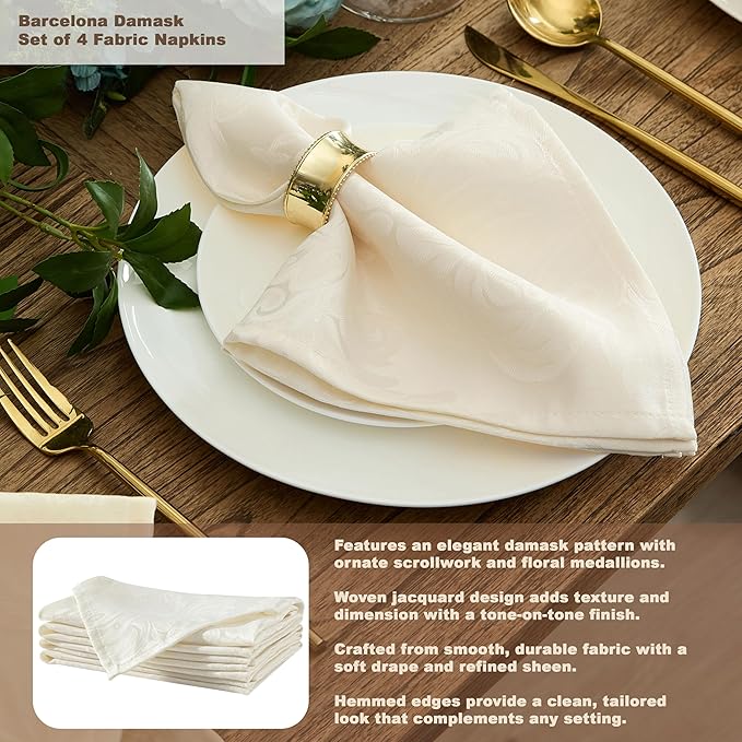 Newbridge Barcelona Luxury Damask Fabric Tablecloth, 52” Wide x 52” Square, Antique White, 100% Polyester, No Iron, Soil Resistant Dining Room, Party and Banquet Table Cover