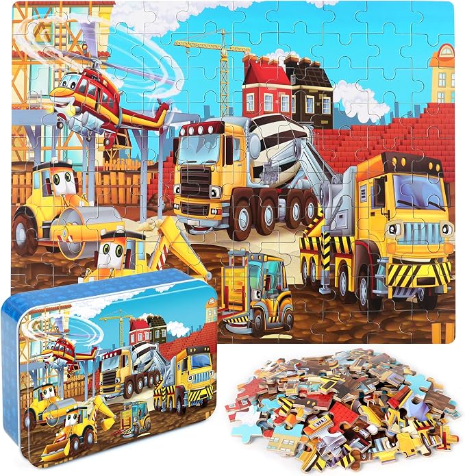 LELEMON Puzzles for Kids Ages 4-8 Construction Vehicles 100 Piece Puzzles for Kids Educational Jigsaw Puzzles Toys Gift for Boys Girls Age 4, 5, 6, 7, 8 Years Old