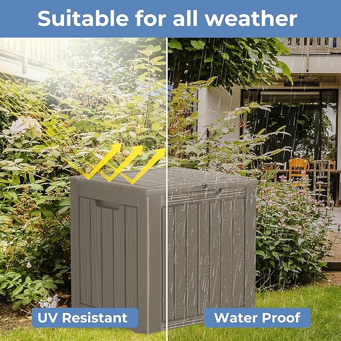 Outdoor Storage Box, 35 Gallon Resin Deck Box Waterproof for Patio, Poolside and Garden, Lockable UV-Resistant Storage Bin Bench Cabinet for Small Spaces, Grey