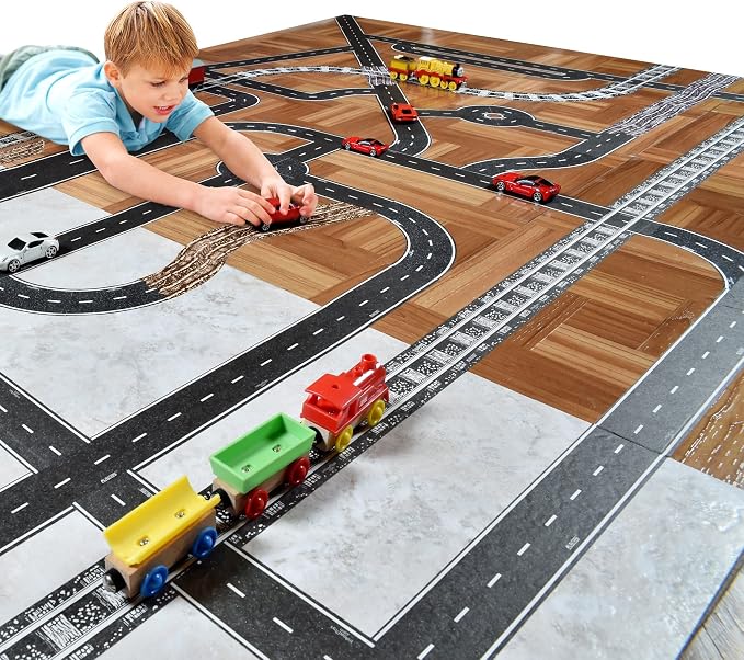 PlayTape Road Tape and Curves for Toy Cars - 1 Roll of 30 ft. x 2 in. Asphalt Road + 1 Roll of 36 Curves