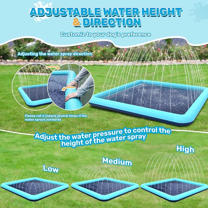 68" x 68" Square Splash Pad for Toddlers & Dogs, Non-Slip Sprinkler Pool, Shallow Water Play Mat for Backyard Summer Fun, Teal
