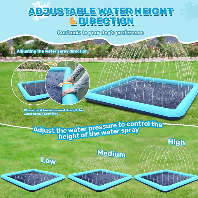 180" Jumbo Splash Pad for Dogs, Non-Slip, Rantangle Splash Pad for Kids Ages 4-8,Giant Splash Pads for Toddlers 1-3, Dog Sprinkler Shallow Pool, Outdoor Water Toys for Backyard, Teal