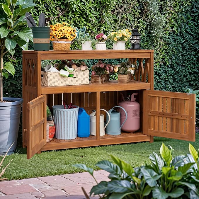 Greesum 2-Tier Outdoor Storage Cabinet in Acacia Wood, with 2 Magnetic Doors, for Garden, Picnic, Buffet, TV Stand, or Bar Table, Brown