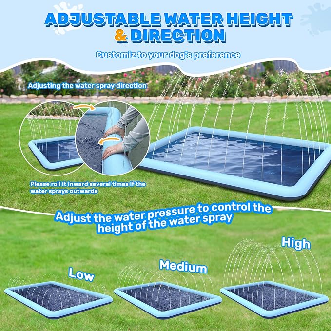 107"x 67" Splash Pad for Dogs, Non-Slip, Rantangle Splash Pad for Kids Ages 4-8, Large Splash Pads for Toddlers 1-3, Dog Sprinkler Shallow Pool, Outdoor Water Toys for Backyard, Teal