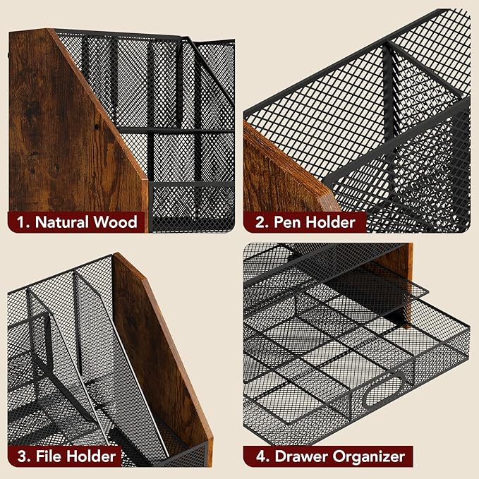 Wooden Desk Organizer - Mesh File Organizer with Drawers and Pen Holder - 4-Tier Vertical Paper Letter Storage Tray, Desktop Organizers and Accessories for Home Office