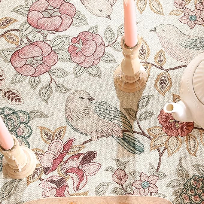 patdrea Designer Pink Linen Table Cloth for Rectangle Table,Vintage Floral with Birds Pattern Decorative Tablcloth,French Table Cover for Kitchen Dining,Thanksgiving,Christmas,55"x87"-Kulom a