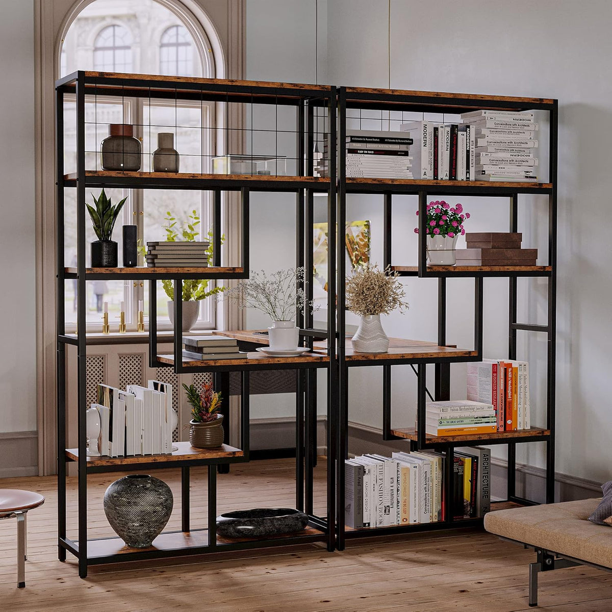IRONCK Bookshelves 6 Tiers, Industrial Etagere Heavy Duty Shelves for Living Rooom, Office Storage Geomeric Display Boocase, Vintage Brown