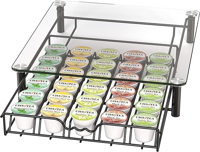 Deco Brothers Crystal Tempered Glass K-Cup Holder Drawer for 30 Coffee Pods Storage, Black