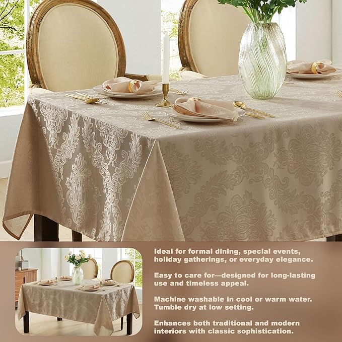 Newbridge Barcelona Luxury Damask Fabric Tablecloth, 70” Extra Wide x 108” Rectangle, Golden Beige, 100% Polyester, No Iron, Soil Resistant Dining Room, Party and Banquet Table Cover