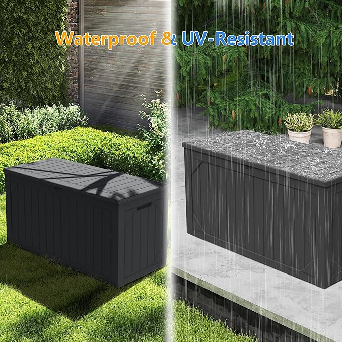 Outdoor Storage Deck Box Waterproof, 100 Gallon Large Lockable Patio Storage Bin Chest, Resin Outside Container Seat Bench for Furniture Cushions, Pool Accessories, Garden Tools & Delivery, Black