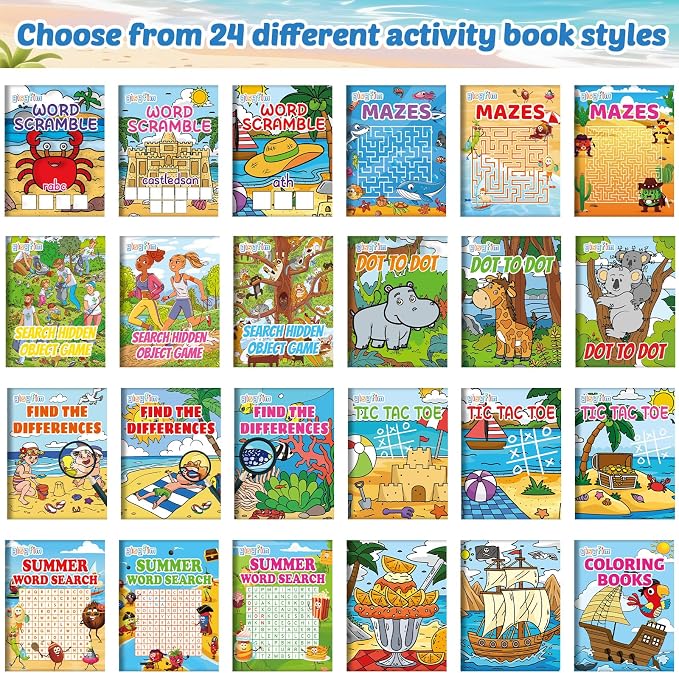 gisgfim 96 PCS Summer Mini Activity Books Coloring Books Party Favors Bulk Challenging Game Include Maze Dot to Dot Word Search Word Scramble for Ages 4-12 Goodie Bags Stuffers Kids Wedding Activities