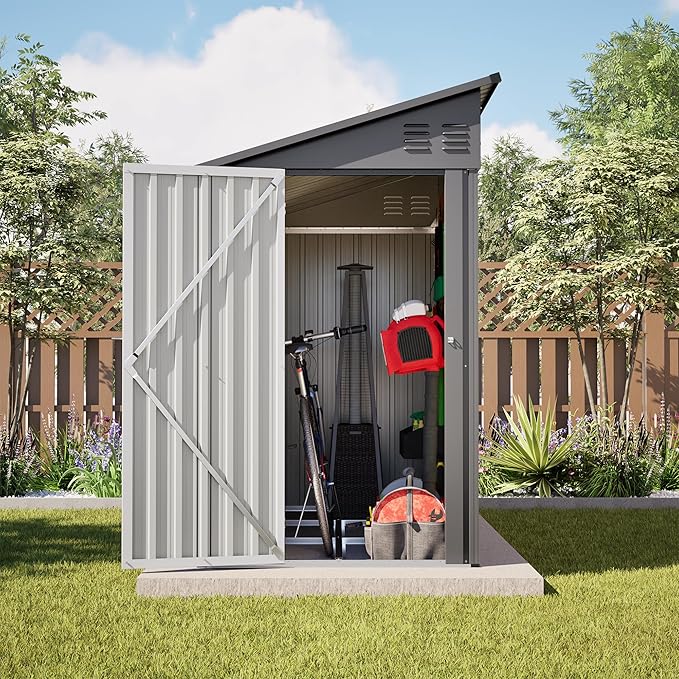 4×8 FT Lean to Metal Shed,Outdoor Heavy-Duty Storage Shed with Floor Base,All Weather Waterproof Garden Tool House W/Lockable Door&2 Air Vents,Reversible Door Design,for Backyard,Patio,Lawn,Gray