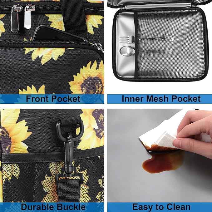 Femuar Lunch Bags for Women/Men, Insulated Lunch Bag for Work Office - Lunch Cooler Bag Leakproof Lunch Box with Adjustable Shoulder Strap - Sunflower
