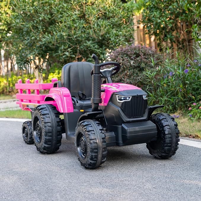 24V Kids Ride-On Tractor with Trailer, 400W Electric Farm Truck with Remote & Pedal Control, Headlights, USB MP3, Power Display, Adjustable Speeds, Safety Belt, Ride-On Toy Gift, Magenta