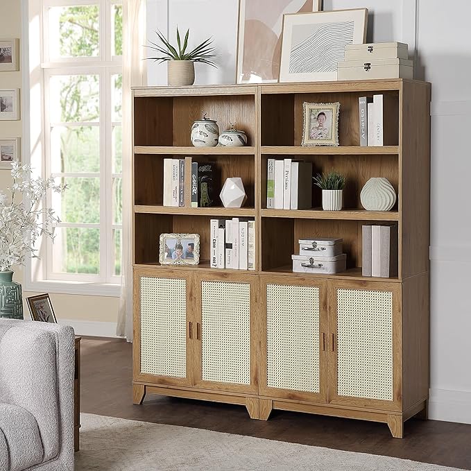 Manhattan Comfort Sheridan Modern Cane Bookcase with Adjustable Open Shelves, Soft Close Doors, and Concealed Compartments, Versatile 3 Tier Bookshelf Storage for Home and Office, Set of 2, Nature