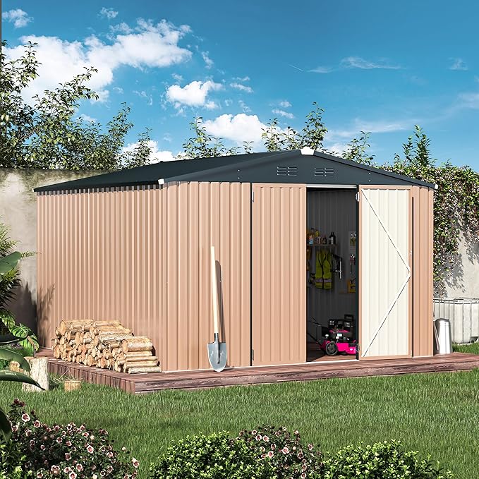 AECOJOY 10'x10' Outdoor Storage Shed, Large Metal Sheds & Outdoor Storage Clearance Steel Yard Shed with Lockable Doors, Utility and Tool Storage Garden Sheds for Barkyard, Patio and Outside Use