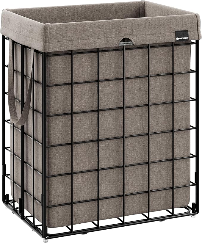 SONGMICS Laundry Hamper, 23.8 Gal. (90L) Laundry Basket, Collapsible Clothes Hamper, Removable and Washable Liner, Metal Wire Frame, for Bedroom Bathroom, Black and Camel Brown ULCB190N01