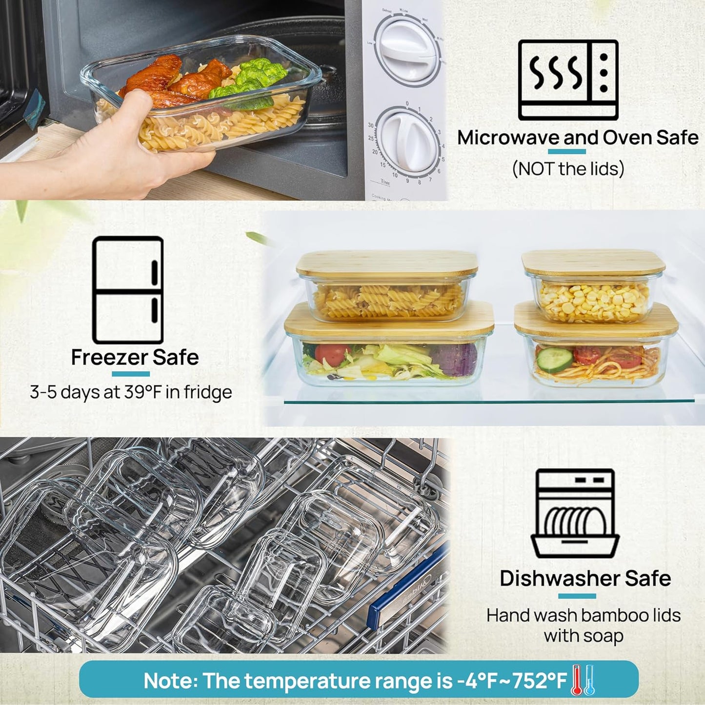Vtopmart Glass Food Storage Containers with Bamboo Lids, 4 Pack Meal Prep Glass Containers Safe for Microwave, Oven, Freezer and Dishwasher, BPA Free