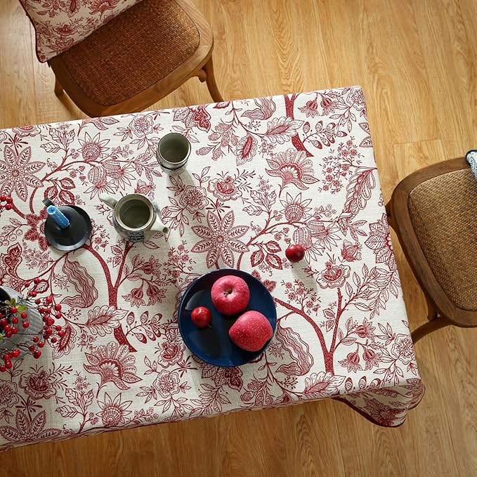 ISAENNE Designer French Linen Small Square Tablecloth,Red Floral Washable Indoor Table Cloth,Durable Home Decor Tablecloths for Dining Thanksgiving Kitchen Tea Party Christmas,55"*55"-Ruyi A
