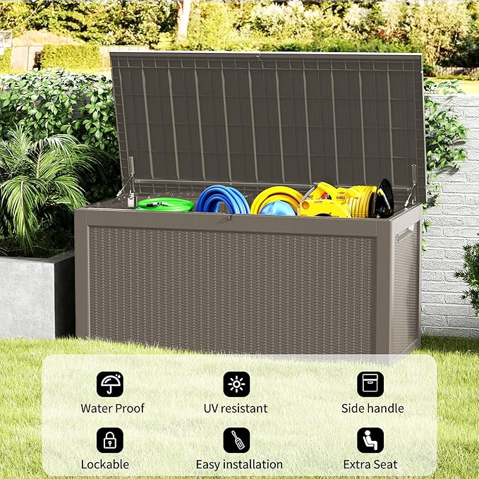 Outdoor Storage Deck Box Waterproof, 320 Gallon Large Lockable Patio Storage Bin Chest, Resin Outside Container Seat Bench for Furniture Cushions, Pool Accessories, Garden Tools & Delivery, Grey