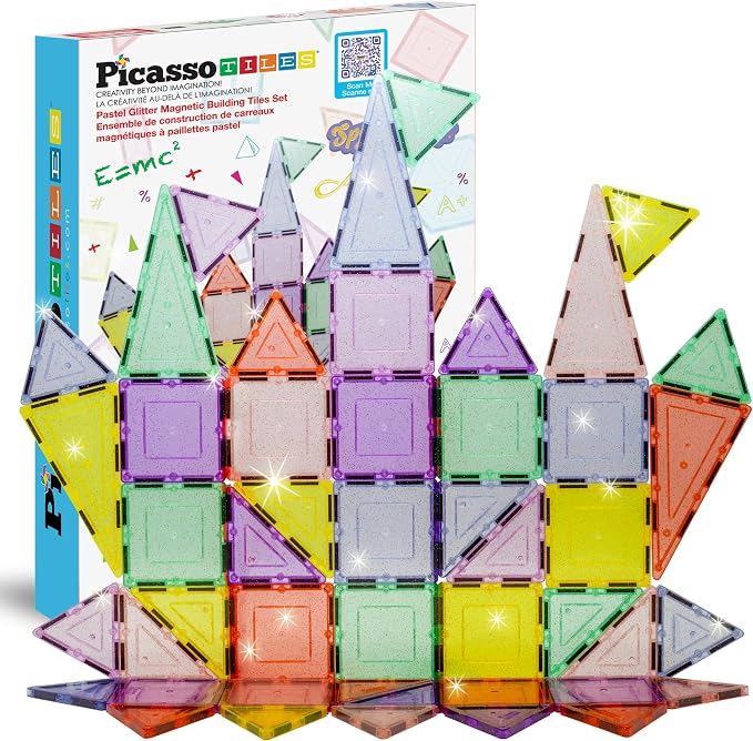 PicassoTiles Magnetic Tiles Blocks Magnet Tile Magnets Building Blocks Construction Toy Set with Reflective Leaf Flakes Magnetic Building Tiles Toys STEM Learning Kit Stacking Block Playset PTJ48