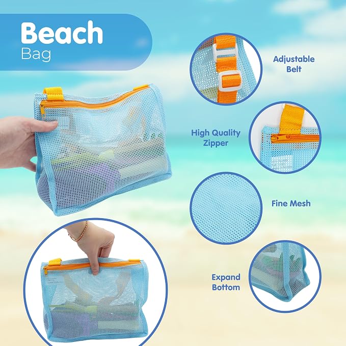 4E's Novelty 2X Shark Tooth Sifter for Beach with 2X Small Mesh Beach Bag for Shell Collecting, Metal Sand Scoop for Picking Up Shells - Beach Toys for Kids (2 Sets)