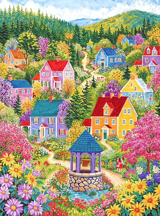 Cross & Glory - Sunshine at Wishing Well Lane - 1000 Piece Jigsaw Puzzle for Adults | Colourful New England Village Puzzle | Scenic Springtime Family Scene | Challenging and Relaxing