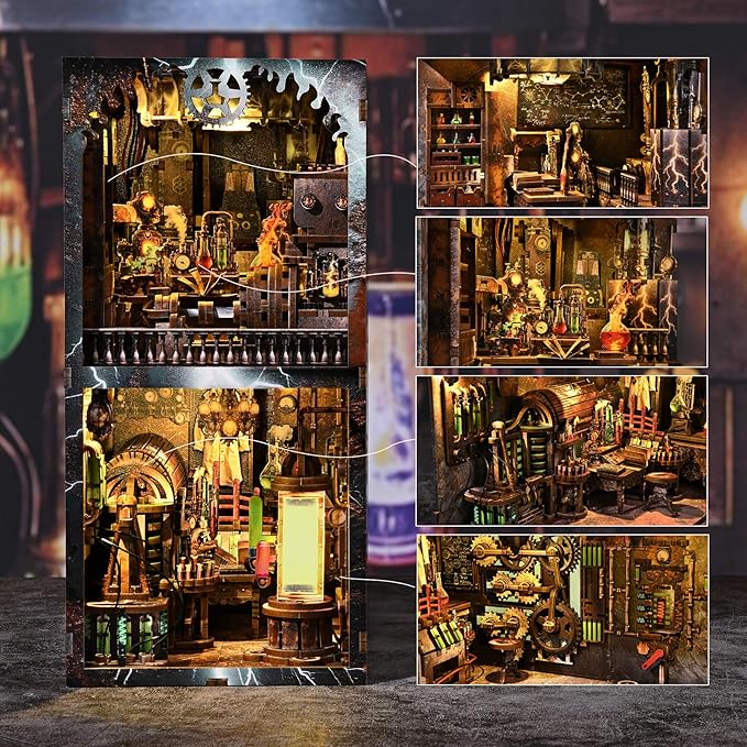 fifijoy Book Nook Kit - DIY Miniature House Dollhouse Kit for Adults and Teens, Steampunk Booknook Tiny House Bookshelf Decor 3D Wooden Puzzle (Mad Scientist Lab)