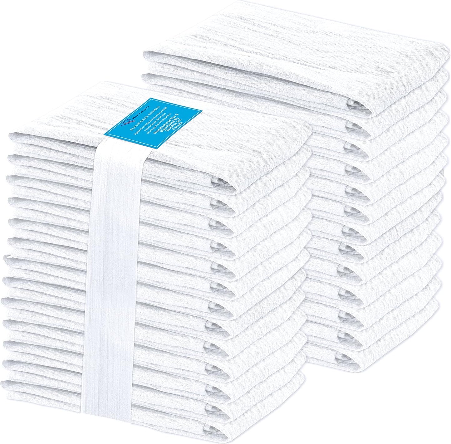 RUVANTI Flour Sack Towels 36 Pack 28x28 Inch, 100% Cotton Tea Towel, Reusable, Machine Washable, Absorbent BarTowels - Dish Cloth Perfect for Drying Dishes & Cleaning -White
