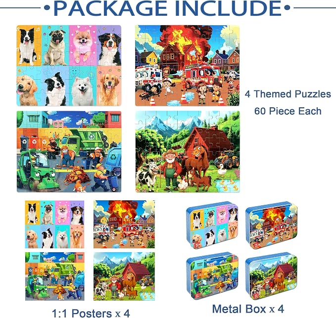 LELEMON Puzzles for Kids Ages 4-6,4-Pack Dogs Fire Fighting Garbage Truck Farm 60 Piece Puzzles for Kids Ages 4-8 in a Metal Box,Educational Jigsaw Puzzles Puzzle Games Puzzle Toys for Girls and Boys