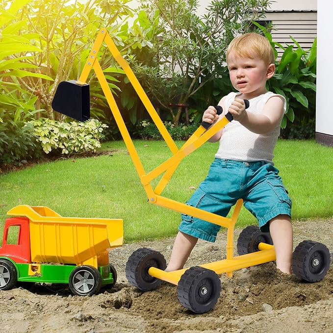 Costzon Kids Ride on Sand Digger with Wheels, Heavy Duty Steel Digging Scooper Excavator Crane with 360° Rotatable Seat for Dirt, Snow, Beach, Outdoor Sandbox Play Toy