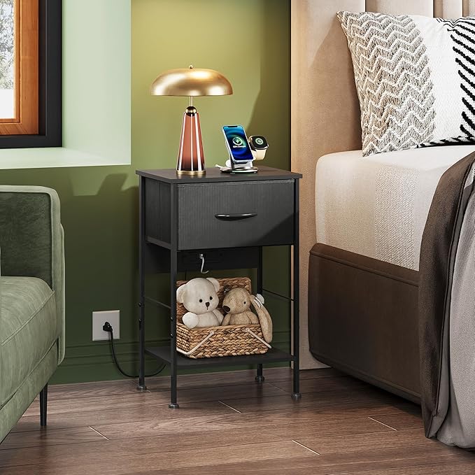 WLIVE Night Stand with Charger Station, Small Nightstand with 1 Fabric Drawer and Open Wood Shelf, 25" H Bedside Table for Bedroom, 2-Tier Storage Side Table for Dorm, Entryway, Black