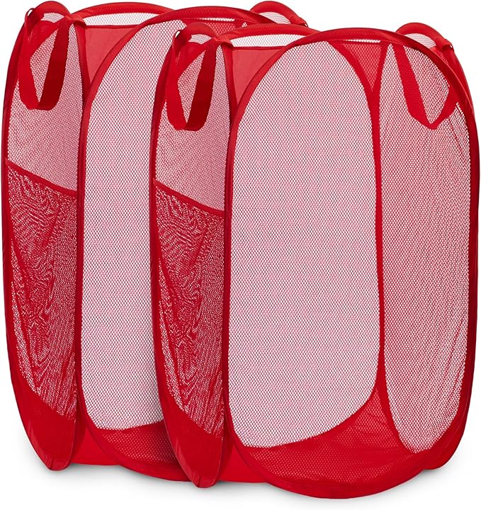 Handy Laundry Collapsible Mesh Pop Up Hamper with Wide Opening and Side Pocket - Breathable, Sturdy, Foldable, and Space-Saving Design for Clothes and Storage (Red | 2-Pack)