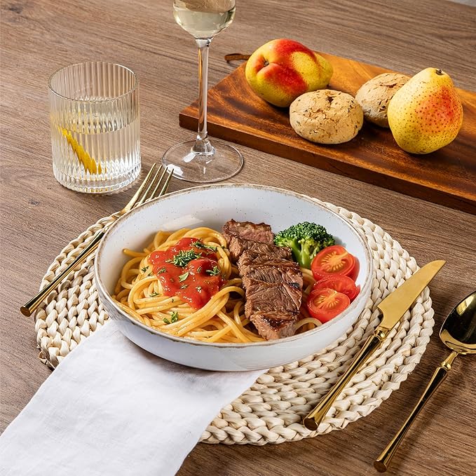 AmorArc 24 Pieces Ceramic Dinnerware Sets for 6, Handpainted Plates and Bowls Set with Rustic Terracotta Underside, Scratch Resistant Stoneware Dishes Set, Dishwasher & Microwave Safe, White