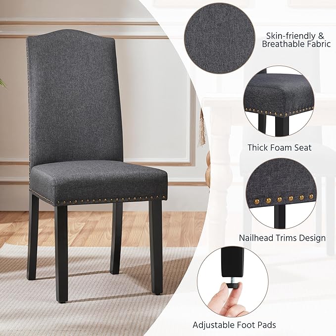 Yaheetech Upholstered Dining Chairs Set of 2, Modern Kitchen Chairs with Nailhead Trims and Solid Wood Legs for Dining Room, Living Room, Restaurant, Fabric Armless Design, Dark Gray
