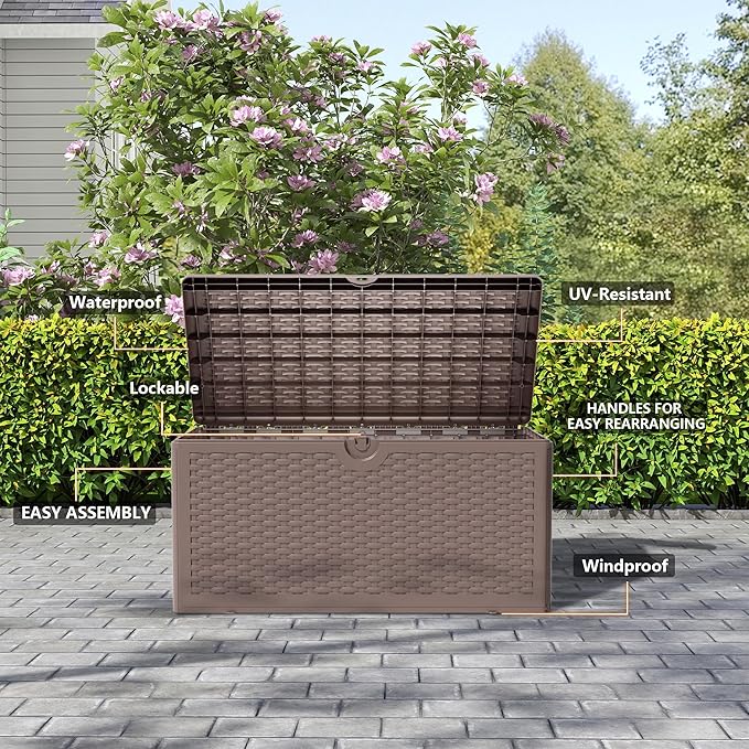 Outdoor Storage Deck Box Waterproof,90 Gallon Lockable Patio Package Delivery Bin as Seat, Resin Storage Container Bench for Furniture Cushions, Pool Accessories, Garden Tools, Brown