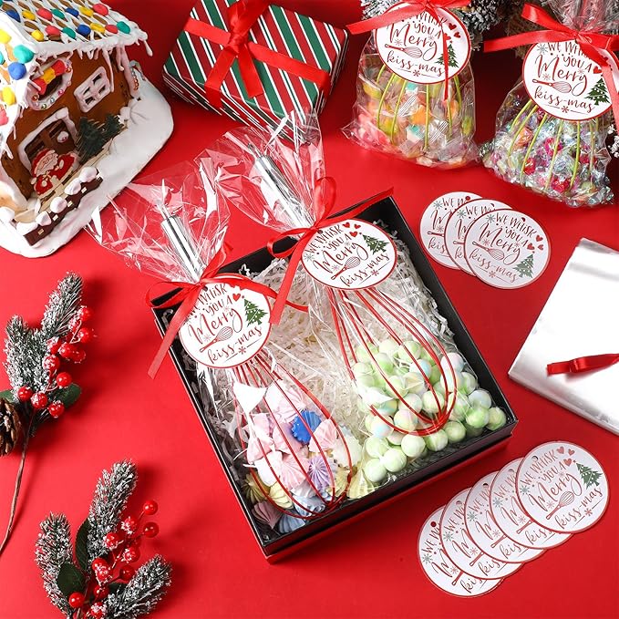 48 Sets 12 Inch Christmas Whisks Gifts DIY Fillable Christmas Tree Ornaments Xmas Colored Silicone Whisks for Cooking Heat Resistant Egg Beaters with Card Rope Bag for Candy Holder