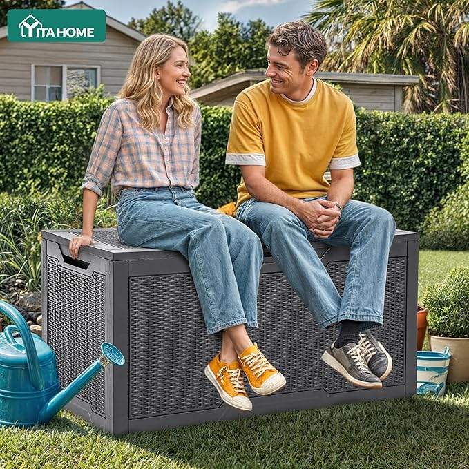 YITAHOME 100 Gallon Outdoor Storage Box, Large Water Resistant Resin Deck Box, Indoor Outdoor Lockable Storage Container for Patio, Garden, Cushions, Tools, Equipment (Dark Gray)