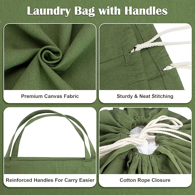 Canvas Laundry Bags with Handles & Square Base 18"Lx18"Wx27.6"H, Extra Large Heavy Duty Laundry Basket Hamper Liner, Washable Drawstring Dirty Clothes Bag Canvas Storage Sack (Army Green XL)