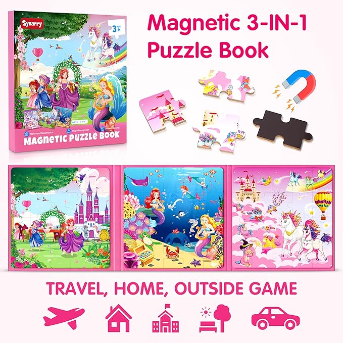 SYNARRY Unicorn Mermaid Princess Magnetic Puzzles for Toddlers 3-5 Girls, 20 Pieces Travel Puzzles for Kids Ages 4-6, Car Airplane Road Trip Activities Toys for 3 4 5 6 Year Old Girls Birthday Gifts