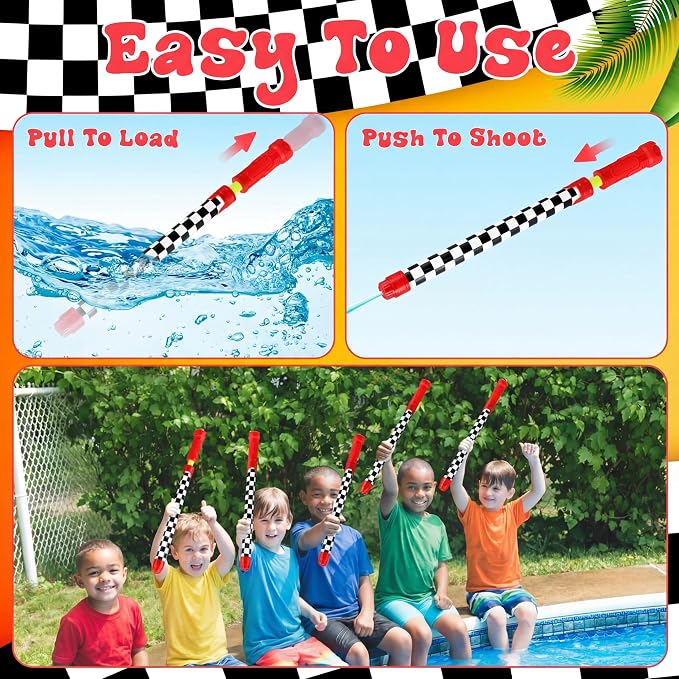 Halloscume 12 Pack Race Car Party Favors Water Gun Blaster 15.75 in Black and White Checkered Racing Water Shooter Blasters Gun for Kids Summer Outdoor Swimming Pool Backyard Beach Summer Games