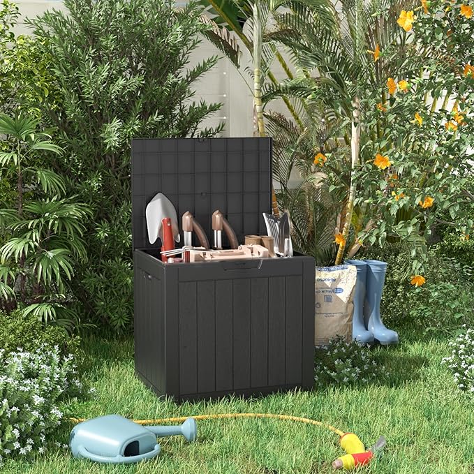 31 Gallon Resin Deck Box, Lockable Patio Outdoor Storage Box for Furniture, Garden Tools and Tools Storage, Waterproof Outside Storage Boxes - Black