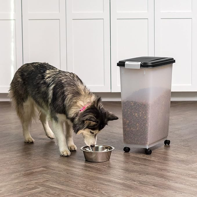 IRIS USA Airtight Dog Food Storage Container, Up to 38 lbs, Attachable Wheels, For Dog Cat Bird and Other Pet Food Storage Bin, Keep Fresh, Translucent Body, Easy Mobility, Black