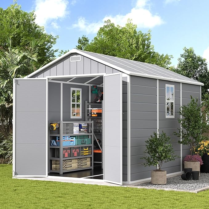 UDPATIO Storage Shed 8 x 10 FT, Resin Sheds & Outdoor Storage with Floor Large Clearance Outdoors Plastic Garden Tool Shed Tuff Outside Cottage Shed with Lockable Door for Bike, Garbage Gray White